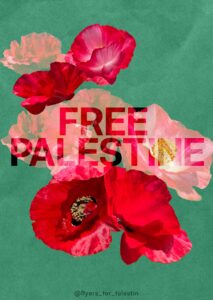 赤いポピーの花とFREE PALESTINEの文字の書かれた画像
