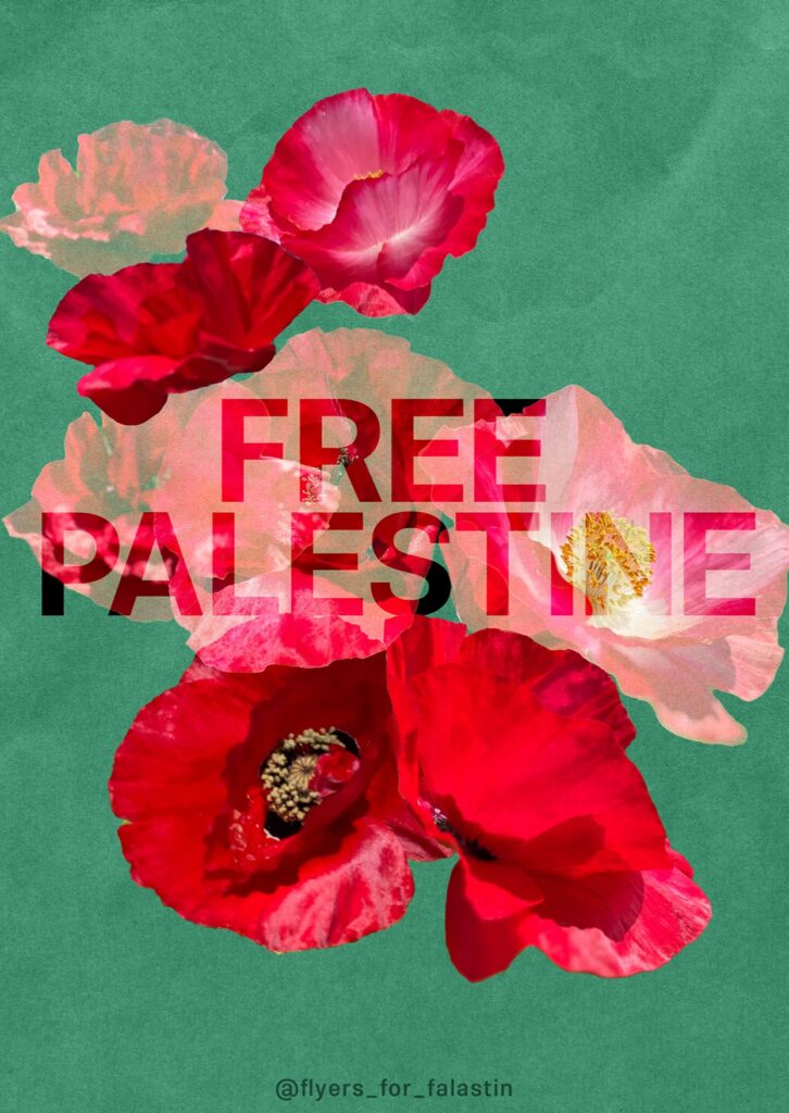 赤いポピーの花とFREE PALESTINEの文字の書かれた画像