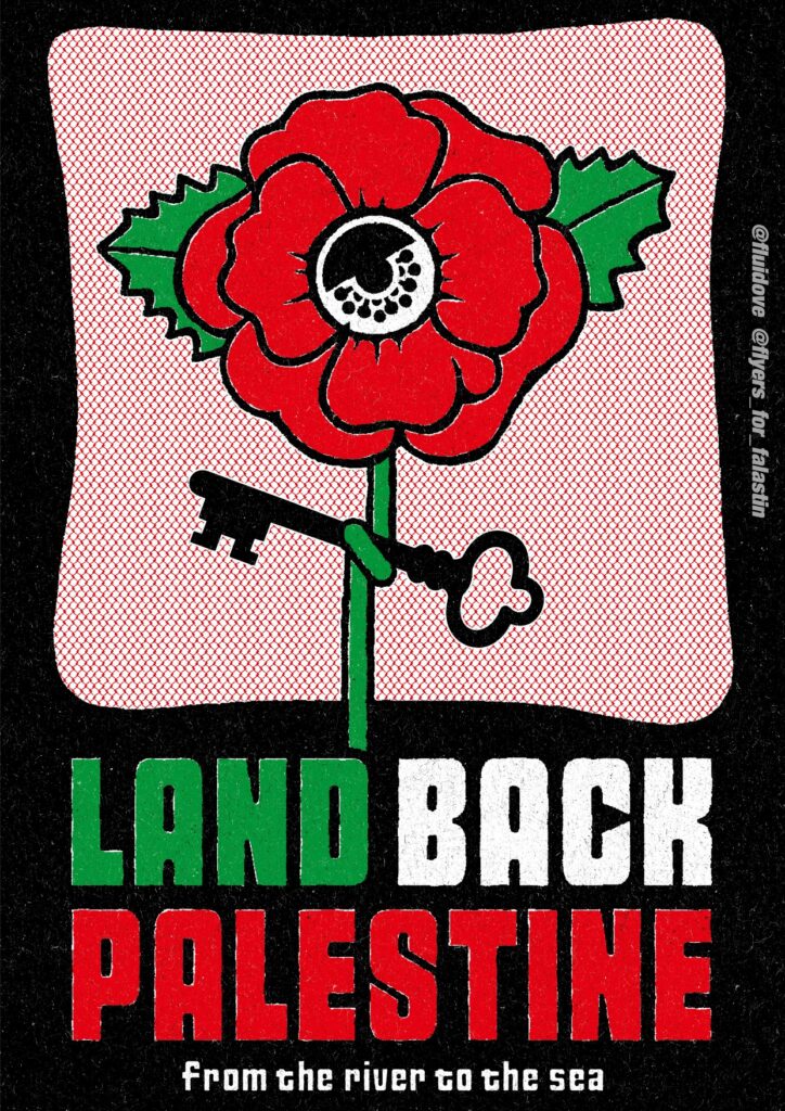 赤いポピーの花に鍵 「LAND BACK PALESTINE from the river to the sea」と書かれている