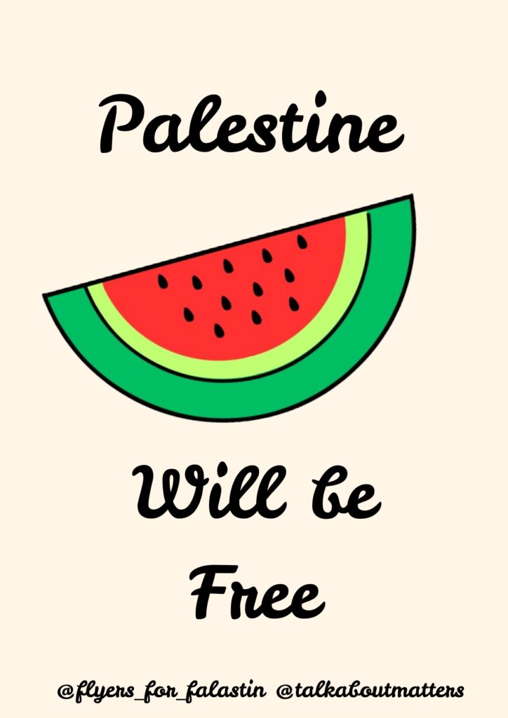 Palestine Will Be Freeという文字とスイカのイラスト